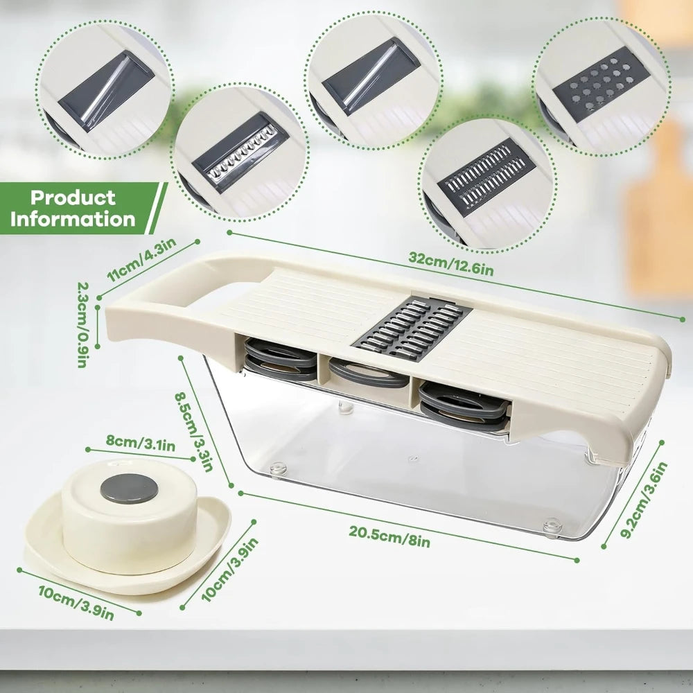 Mandoline Slicer for Kitchen with Food Container & Hand Guard 6 Stainless Steel Blades for Julienne Slice Crinkle Cut Grater