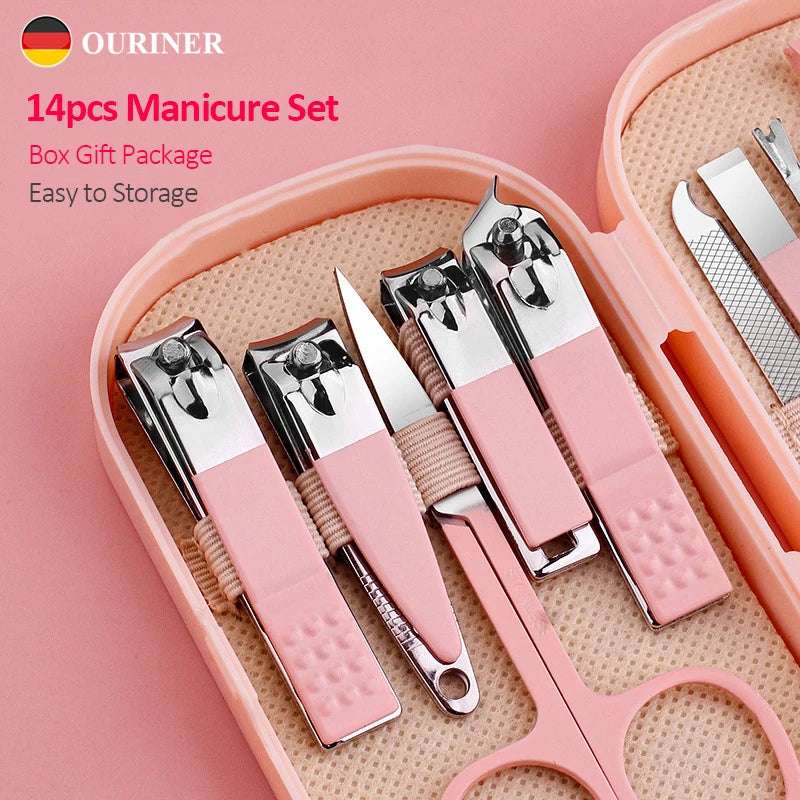 14 Piece Stainless Steel Deluxe Manicure & Pedicure Set Pink And Blue Nail Scissors, Clippers, Ear Digging Spoon for Men & Women