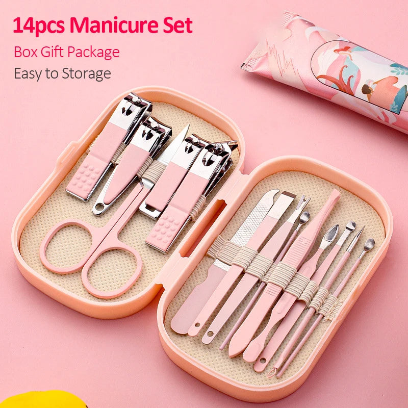 14 Piece Stainless Steel Deluxe Manicure & Pedicure Set Pink And Blue Nail Scissors, Clippers, Ear Digging Spoon for Men & Women