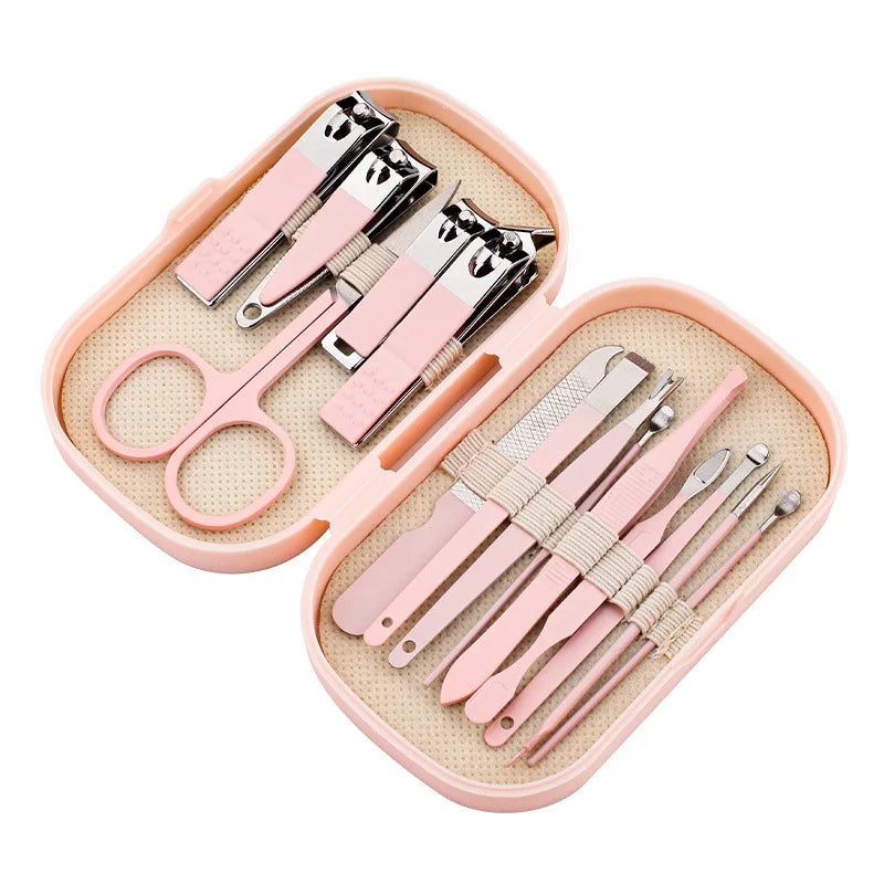 14 Piece Stainless Steel Deluxe Manicure & Pedicure Set Pink And Blue Nail Scissors, Clippers, Ear Digging Spoon for Men & Women