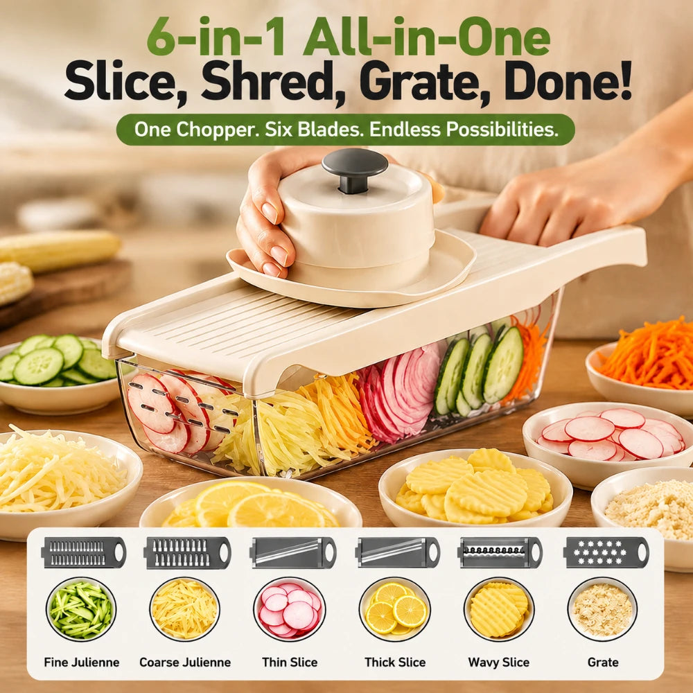 Mandoline Slicer for Kitchen with Food Container & Hand Guard 6 Stainless Steel Blades for Julienne Slice Crinkle Cut Grater