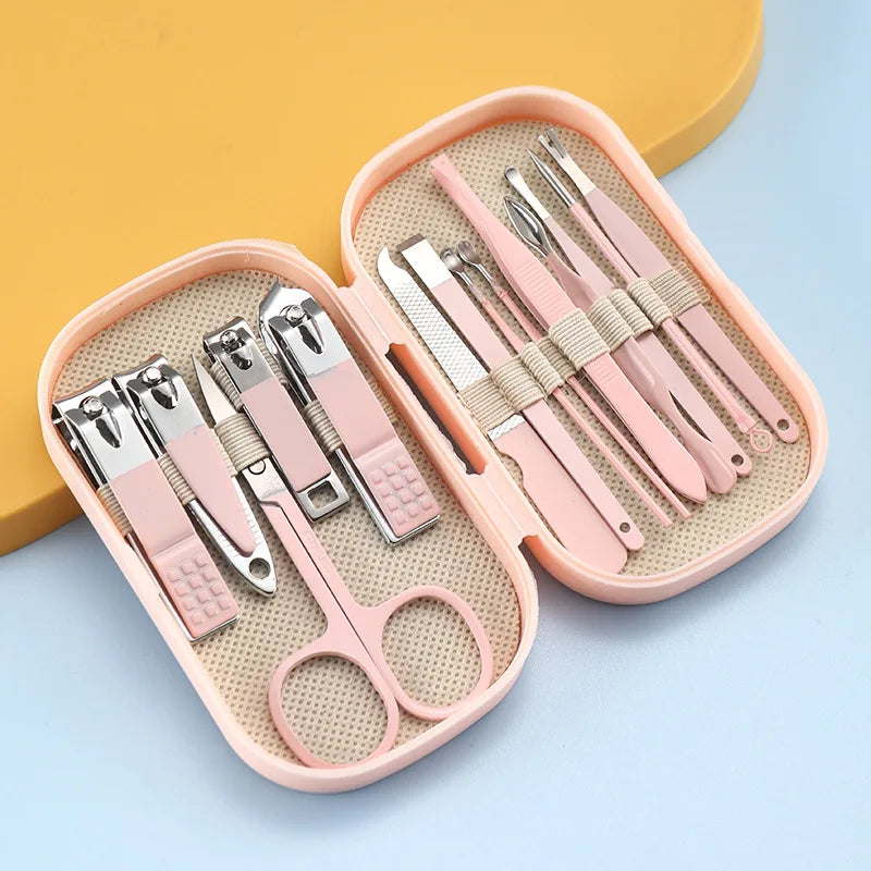 14 Piece Stainless Steel Deluxe Manicure & Pedicure Set Pink And Blue Nail Scissors, Clippers, Ear Digging Spoon for Men & Women