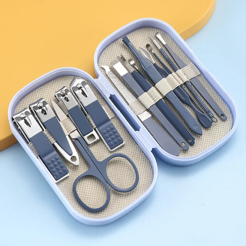14 Piece Stainless Steel Deluxe Manicure & Pedicure Set Pink And Blue Nail Scissors, Clippers, Ear Digging Spoon for Men & Women