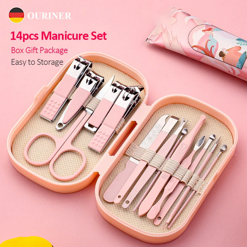 14 Piece Stainless Steel Deluxe Manicure & Pedicure Set Pink And Blue Nail Scissors, Clippers, Ear Digging Spoon for Men & Women