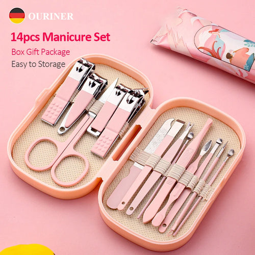 14 Piece Stainless Steel Deluxe Manicure & Pedicure Set Pink And Blue Nail Scissors, Clippers, Ear Digging Spoon for Men & Women