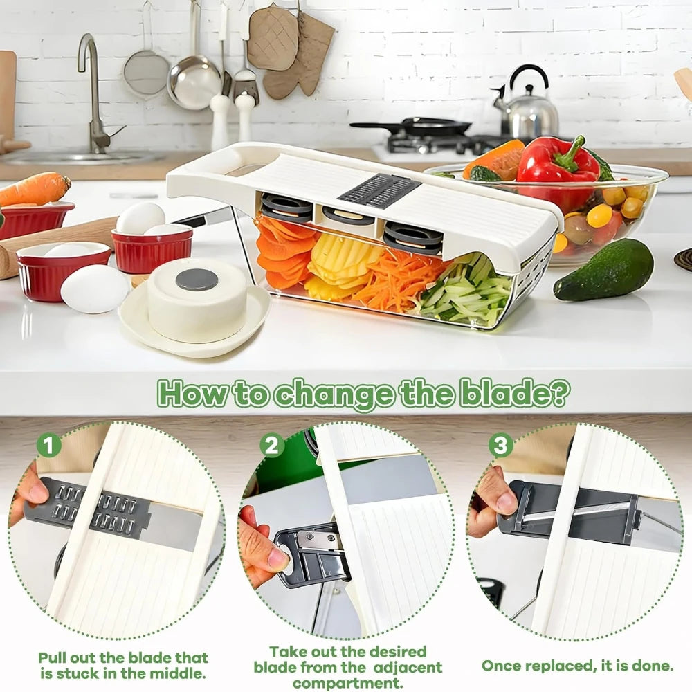 Mandoline Slicer for Kitchen with Food Container & Hand Guard 6 Stainless Steel Blades for Julienne Slice Crinkle Cut Grater