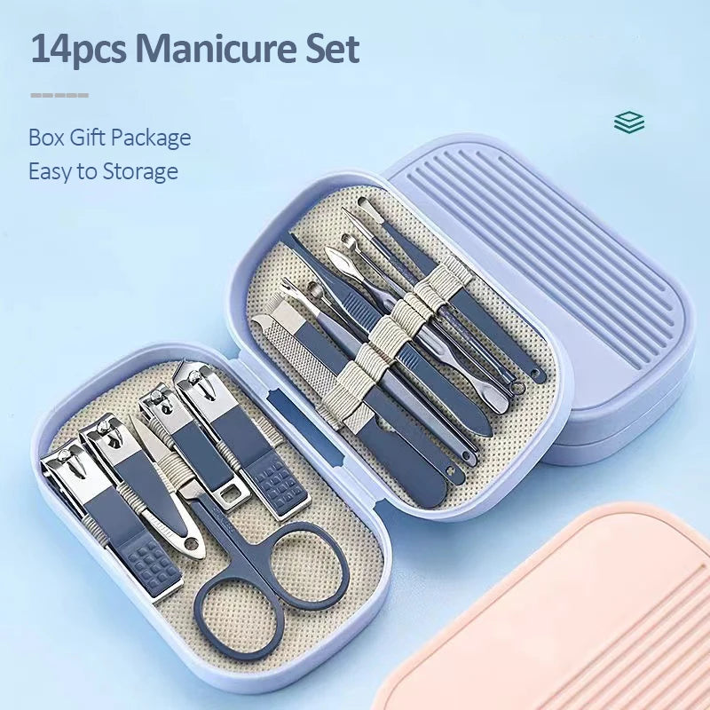 14 Piece Stainless Steel Deluxe Manicure & Pedicure Set Pink And Blue Nail Scissors, Clippers, Ear Digging Spoon for Men & Women