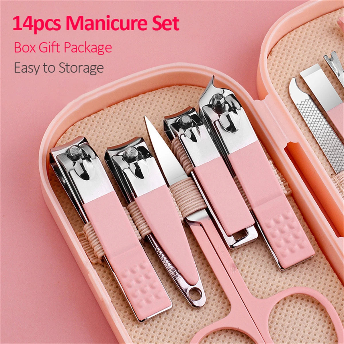 14 Piece Stainless Steel Deluxe Manicure & Pedicure Set Pink And Blue Nail Scissors, Clippers, Ear Digging Spoon for Men & Women
